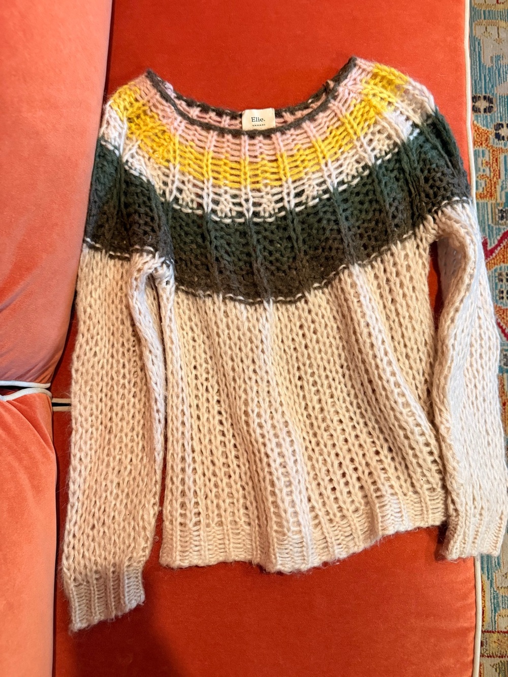 Tahari Cream Sweater with Green and Yellow Ombre Yoke